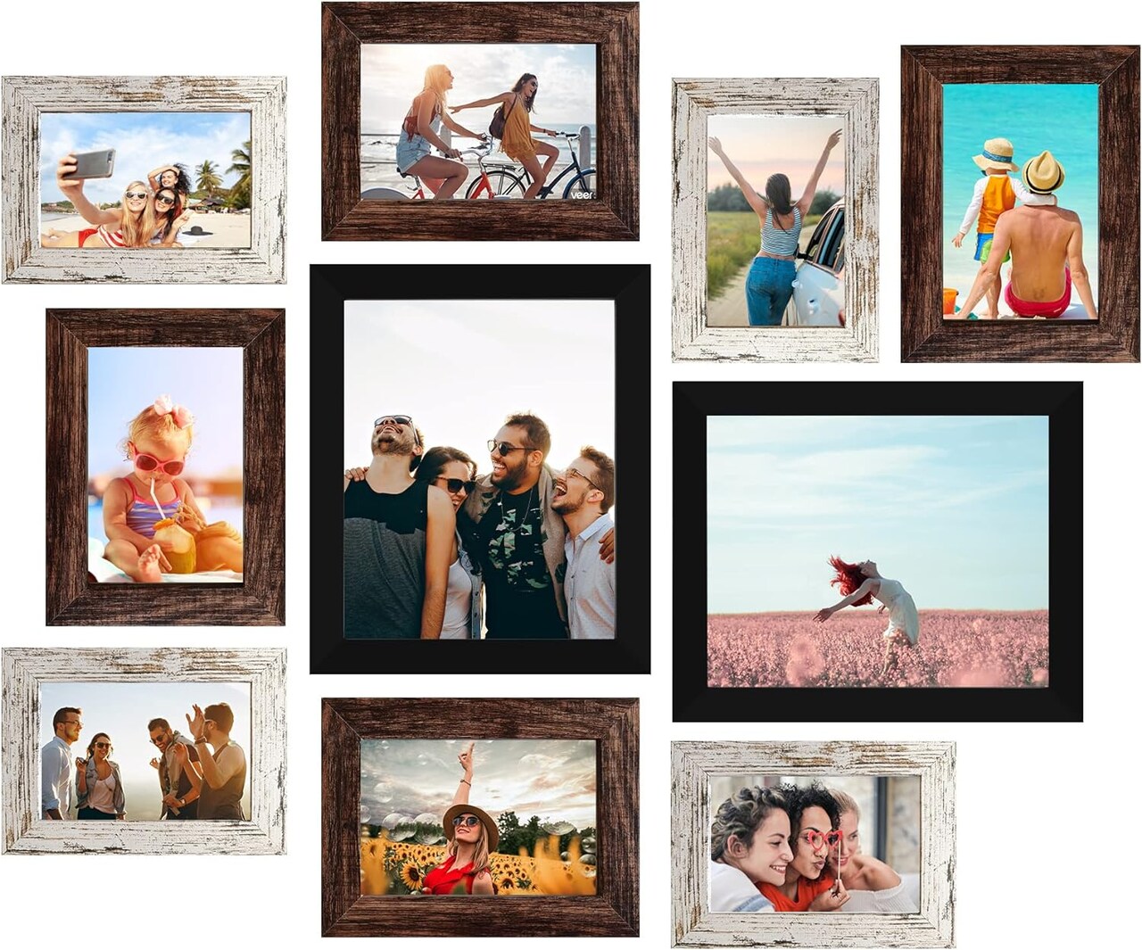 10-Pack Picture Frame Sets - 8x10, 5x7, 4x6 (Black, Brown, Distressed White)